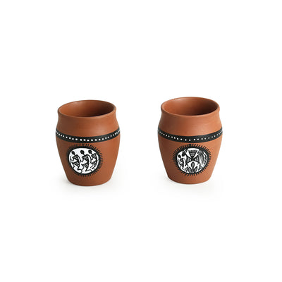 Dancing Sips' Warli Hand-Painted Coffee & Tea Kullads In Earthen Terracotta (Set Of 4 | Brown)