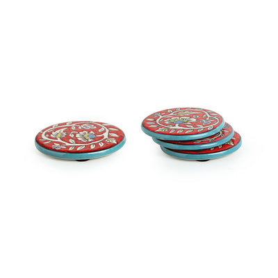 Mughal Disks' Floral Hand-painted Coasters In Ceramic (Set of 4)