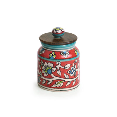 Mughal Cylindrical' Floral Hand-painted Multi-Utility Storage Jar & Container In Ceramic (Airtight | 410 ML | 5.2 Inch)