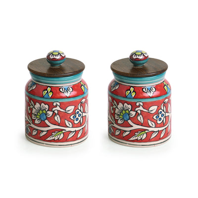 Mughal Cylindrical Duo' Floral Hand-painted Multi Utility Storage Jars & Containers In Ceramic (Non-Airtight | Set of 2 | 410 ML | 5.2 Inch)