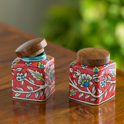 Mughal Cuboidal Pair' Floral Hand-painted Multi Utility Storage Jars & Containers In Ceramic (Airtight | Set of 2 | 240 ML | 3.8 Inch)