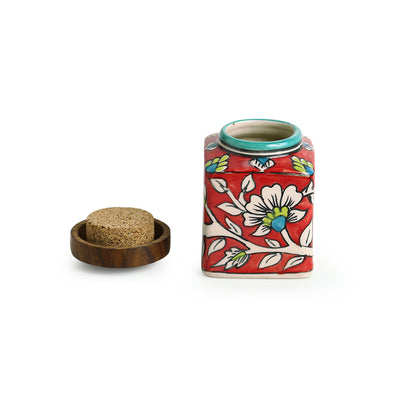 Mughal Cuboidal Pair' Floral Hand-painted Multi Utility Storage Jars & Containers In Ceramic (Airtight | Set of 2 | 240 ML | 3.8 Inch)