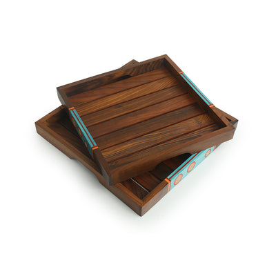 'Oasis Plank Duo' Hand-Painted Nested Serving Trays In Sheesham Wood (Set of 2)