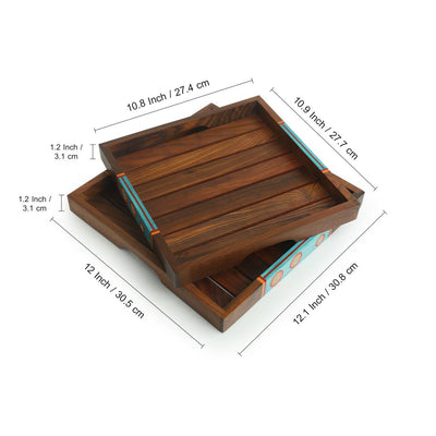 'Oasis Plank Duo' Hand-Painted Nested Serving Trays In Sheesham Wood (Set of 2)