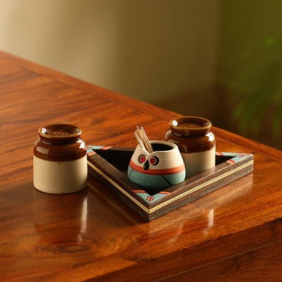 'Desert Owl-Jar Pack' Handglazed Salt & Pepper Shaker Set With Toothpick Holder & Tray