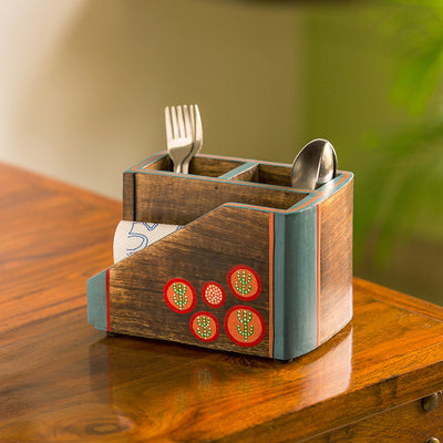 'Desert Staircase' Hand-Painted Cutlery Holder In Mango Wood (3 Partitions)