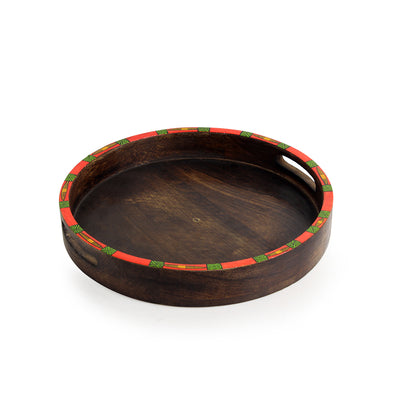 Warli Round' Hand-Painted Tray with Foldable Stand In Mango Wood & Iron (16 Inch)