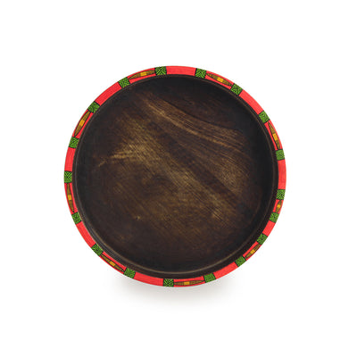 Warli Round' Hand-Painted Tray with Foldable Stand In Mango Wood & Iron (16 Inch)