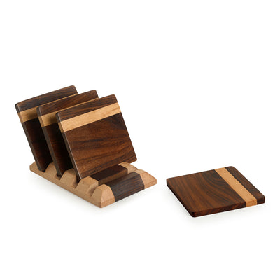 Choco-Coloured' Handcrafted Wooden Coasters With Stand (Set of 4)