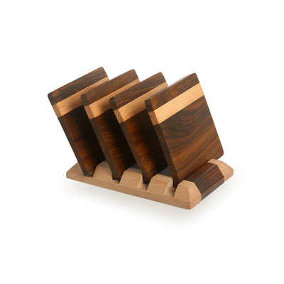 Choco-Coloured' Handcrafted Wooden Coasters With Stand (Set of 4)