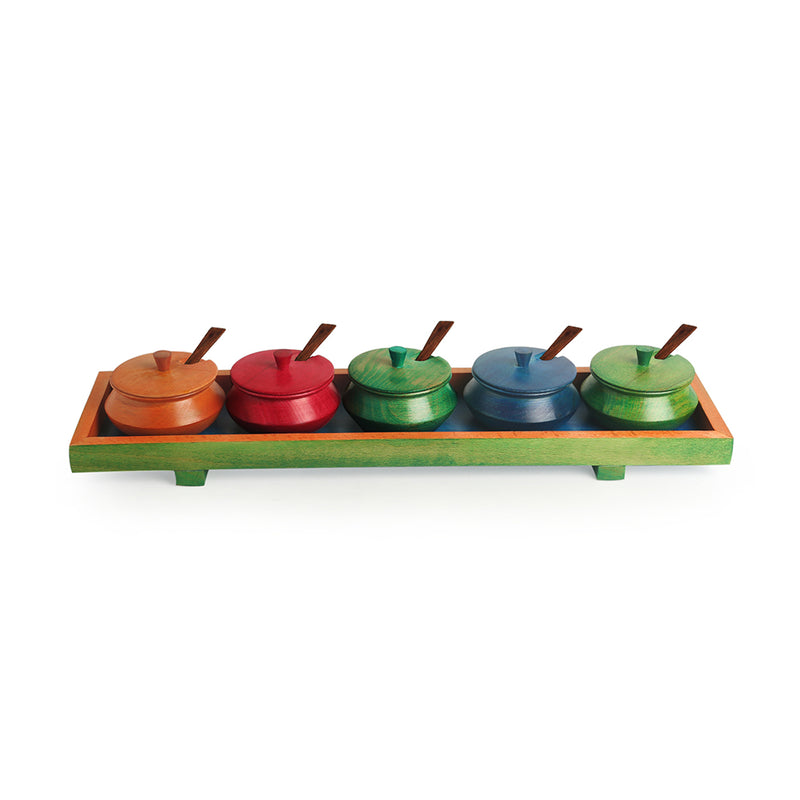Handcrafted Rectangular Jar Set With Tray & Spoons In Steam Beech Wood (Multicoloured)