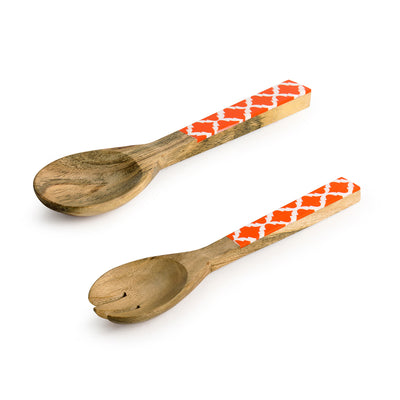 'Orange Moroccan Pack' Hand-painted Serving Spoon & Fork Set In Mango Wood (Set of 2)