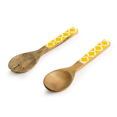 'Yellow Moroccan Pack' Hand-painted Serving Spoon & Fork Set In Mango Wood (Set of 2)