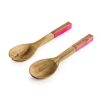 'The Rainbow Pack' Hand-painted Serving Spoon & Fork Set In Mango Wood (Set of 2)