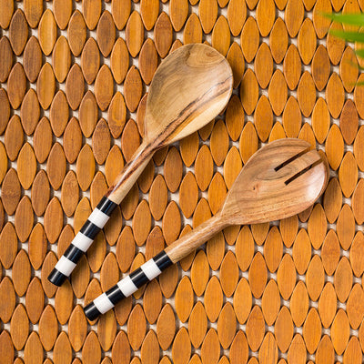 'The Zebra Pack' Hand-painted Serving Spoon Set In Mango Wood (Set of 2)