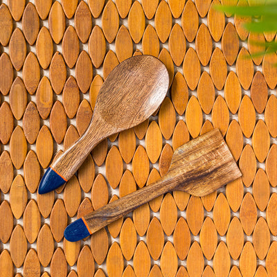 'Indigo Pack' Hand-painted Serving Spoon & Spatula In Mango Wood (Set of 2)