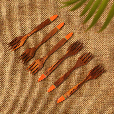 'Tangerine Must-Haves' Hand-painted Table Forks In Sheesham Wood (Set of 6)