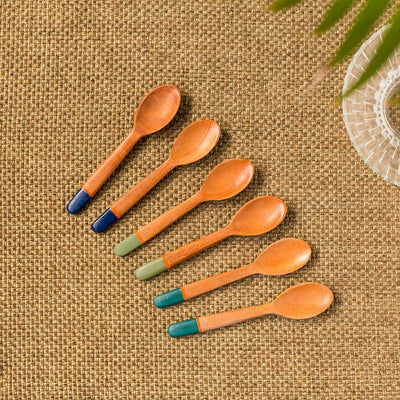 The Peacock Spoonfuls' Hand-painted Teaspoons In Neem Wood (Set of 6 | 4.8 Inch)