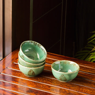 Banyan-Leaves' Hand-painted Studio Pottery Dining Bowl Katoris In Ceramic (Set of 4 | Microwave Safe)