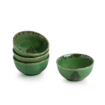 Banyan-Leaves' Hand-painted Studio Pottery Dining Bowl Katoris In Ceramic (Set of 4 | Microwave Safe)