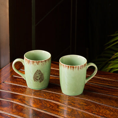 Banyan-Leaves' Hand-painted Studio Pottery Tea & Coffee Mugs In Ceramic (Set of 2 | Microwave Safe)