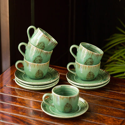 Banyan-Leaves' Hand-painted Studio Pottery Tea Cups With Saucers In Ceramic (Set of 6 | Microwave Safe)