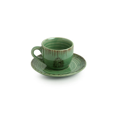 Banyan-Leaves' Hand-painted Studio Pottery Tea Cups With Saucers In Ceramic (Set of 6 | Microwave Safe)