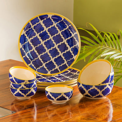 Moroccan Dining' Handpainted Ceramic Dinner Plates With Katoris & Serving Bowls (10 Pieces | Serving for 4)