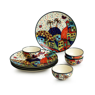 Hut Dining' Handpainted Ceramic Dinner Plates With Katoris (8 Pieces | Serving for 4)