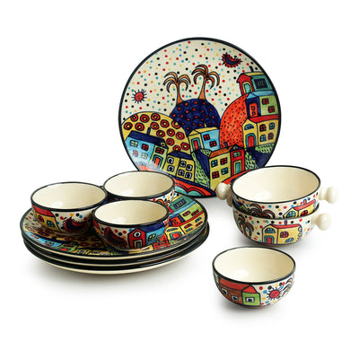Hut Dining' Handpainted Ceramic Dinner Plates With Katoris & Serving Bowls (10 Pieces | Serving for 4)