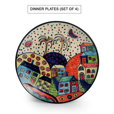 Hut Dining' Handpainted Ceramic Dinner & Quarter Plates With Katoris (12 Pieces | Serving for 4)