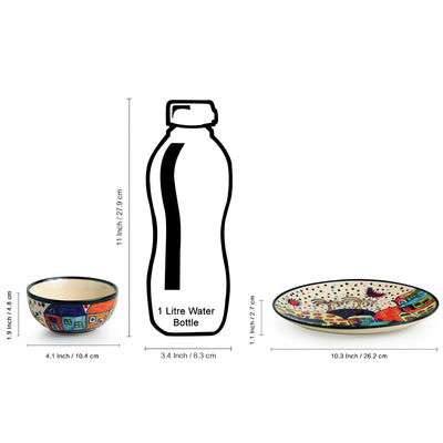 Hut Dining' Handpainted Ceramic Dinner & Quarter Plates With Katoris (12 Pieces | Serving for 4)