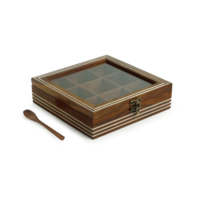 Hand Engraved Square Spice Box With Spoon In Sheesham Wood (9 Partitions | 80 ML)