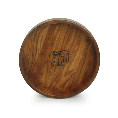 'The Elephant Warriors' Hand Carved Round Serving Tray In Sheesham Wood