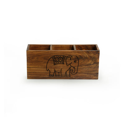 'The Elephant Warriors' Hand Carved Cutlery Holder In Sheesham Wood (4 Partitions)