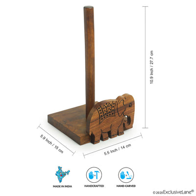 'The Elephant Warriors' Hand Carved Kitchen Tissue Roll Holder In Sheesham Wood (2 Rolls)