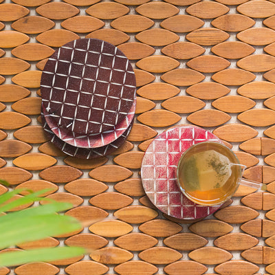 Rounded Grids' Coasters In Mango Wood (Set of 4 | Rustic Finish)