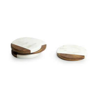 'White Rounded' Coasters Fused With Mango Wood & Marble (Set of 4)