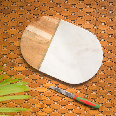 'White Elliptical Brass-Inlayed' Chopping Board Fused With Mango Wood & Marble