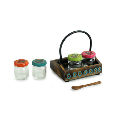 Madhubani Hand-painted' Snacks & Cookies Jar Set In Glass With Tray (Airtight | Set of 4 | 45 ML)