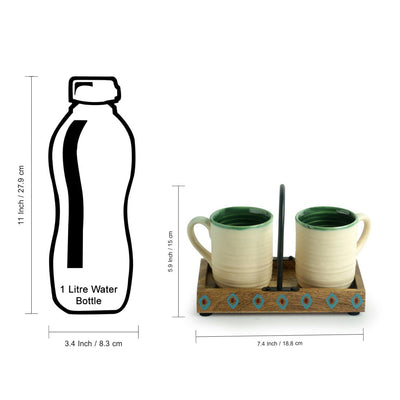 Jade Translucence' Hand Glazed Studio Pottery Coffee & Tea Cups with Tray (Set of 2 | 190 ML)