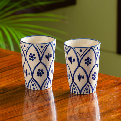 Moroccan Floral' Hand-painted Studio Pottery Milk & Water Glasses In Ceramic (Set of 2 | Microwave Safe)