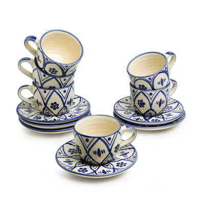 Moroccan Floral' Hand-painted Studio Pottery Tea Cups With Saucers In Ceramic (Set of 6 | Microwave Safe)