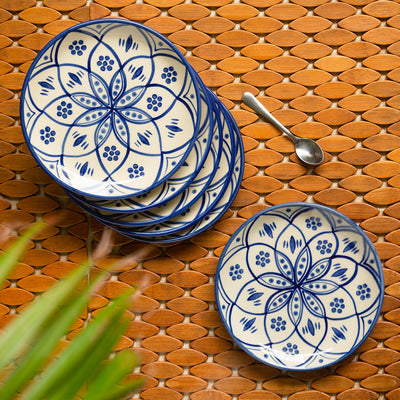 Moroccan Floral' Hand-painted Studio Pottery Quarter Plates In Ceramic (7 Inch | Set of 6 | Microwave Safe)