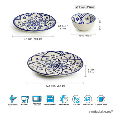 Moroccan Floral' Hand-painted Studio Pottery Dinner Plates With Quarter Plates & Katoris In Ceramic (12 Pieces | Serving for 4 | Microwave Safe)