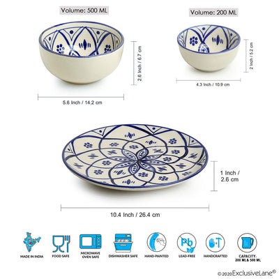 Moroccan Floral' Hand-painted Studio Pottery Dinner Plates With Serving Bowls & Katoris In Ceramic (10 Pieces | Serving for 4 | Microwave Safe)