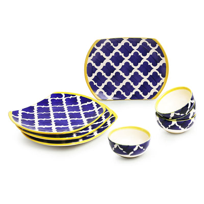Moroccan Meals' Hand-painted Ceramic Dinner Plates With Katoris (8 Pieces | Serving for 4 | Microwave Safe)
