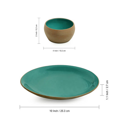 Earthen Turquoise' Hand Glazed Dinner Plate With Katoris In Ceramic (3 Pieces | Serving for 1 | Microwave Safe)