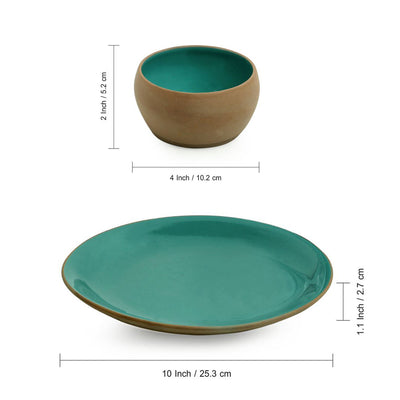 Earthen Turquoise' Hand Glazed Dinner Plates With Katoris In Ceramic (8 Pieces | Serving for 4 | Microwave Safe)
