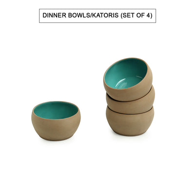Earthen Turquoise' Hand Glazed Dinner Plates With Serving Bowls & Katoris In Ceramic (10 Pieces | Serving for 4 | Microwave Safe)